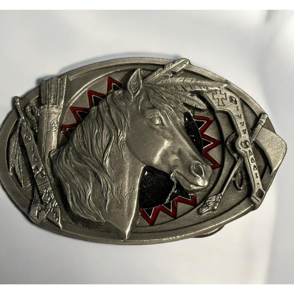 Vintage 90's C&J Belt‎ Buckle Native American Horse Feather Arrow Enamel Oval 3”
